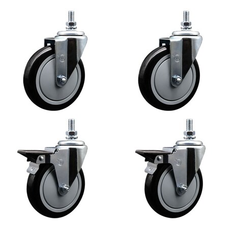 Service Caster 5 Inch Black Polyurethane 12 Inch Threaded Stem Caster Set 2 Brakes SCC SCC-TS20S514-PPUB-BLK-121315-2-PLB-2